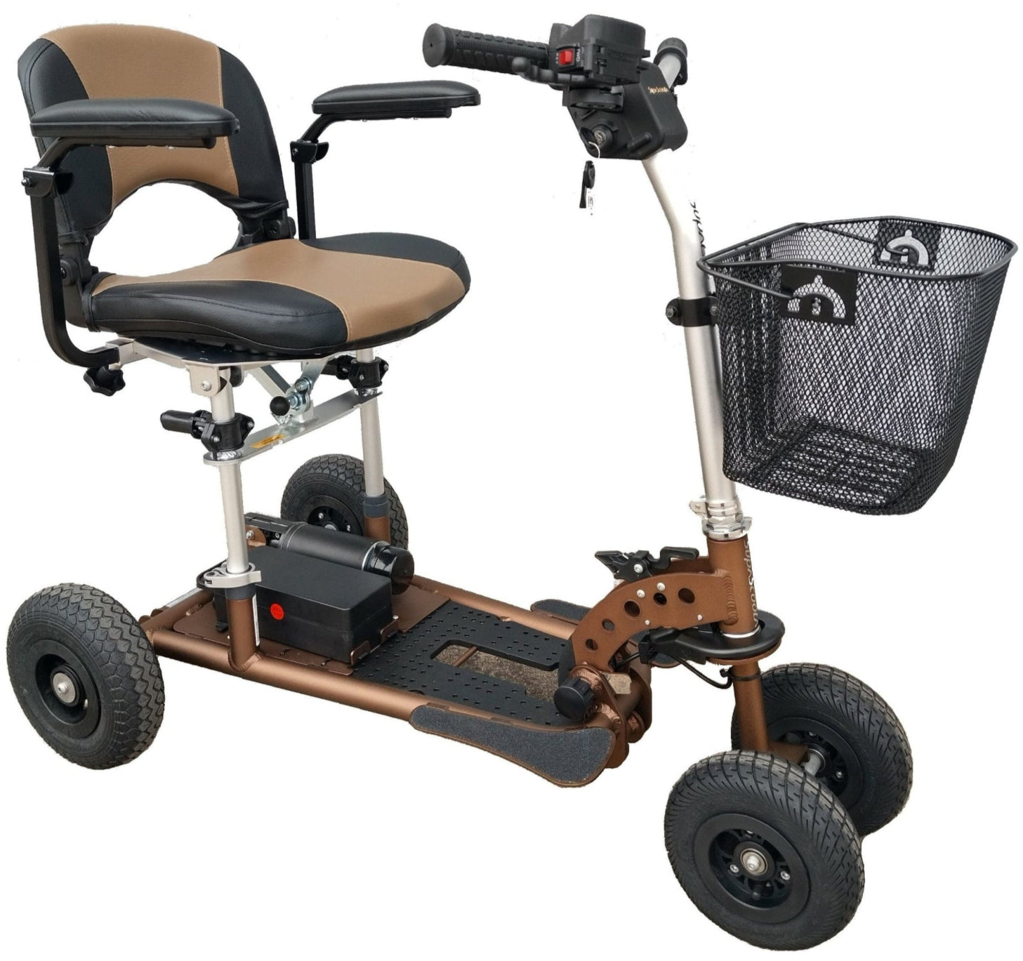 Mobility scooter with brown seat and basket on a white background