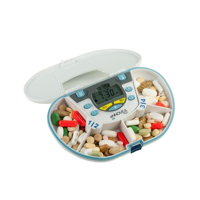 VitaCarry Gasketed 4 Compartment Pill Box (White) with 4 Alarm Timer